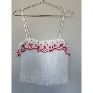 Hudson Gray White‎ Red Floral Embroidered Smocked Cami Top Medium